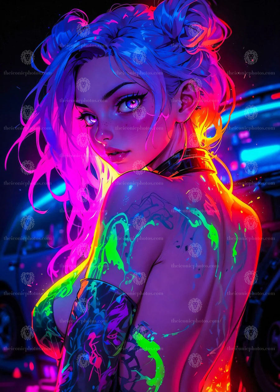 Beautiful neon girl anime canvas wall art with cyber aesthetic glowing decor
