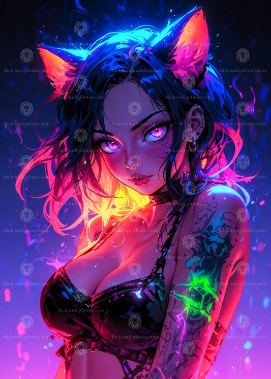 Cat girl cosplay anime canvas wall art with cute playful aesthetic decor