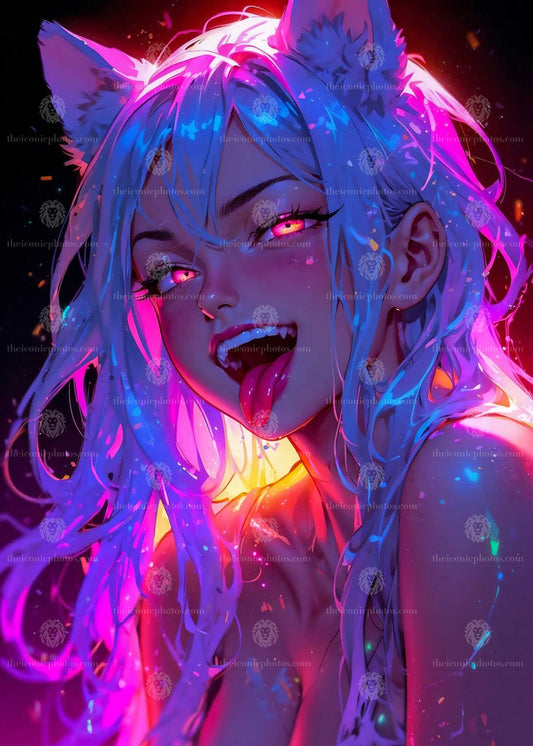 Colorful cat cosplay girl anime canvas wall art with vibrant playful aesthetic decor