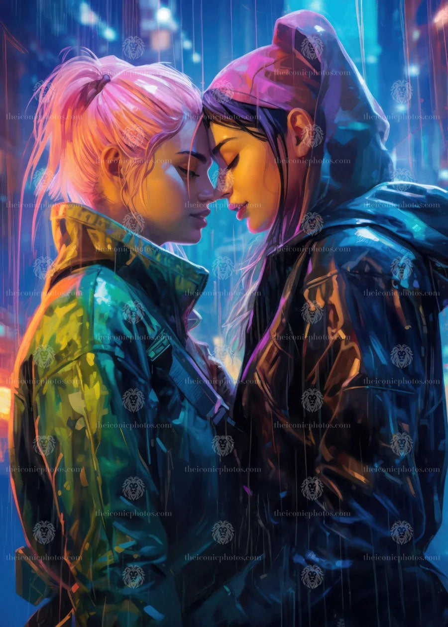 Cyberpunk girl love anime canvas wall art with neon romantic futuristic decor