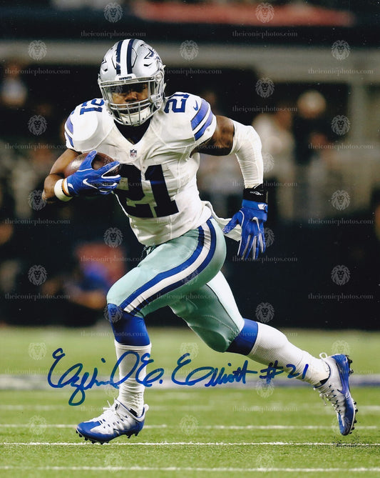 Iconic signed photograph of NFL running back Ezekiel Elliott with the Dallas Cowboys curated by The Iconic Photos