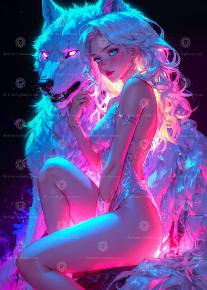 Fantasy neon wolf woman anime canvas wall art with cyber mystical aesthetic decor
