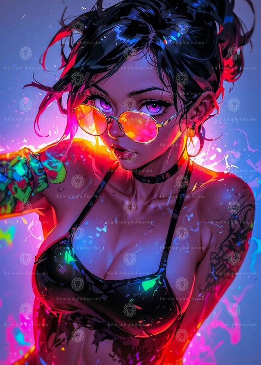 Hot girl with sunglasses anime canvas wall art with stylish summer aesthetic decor