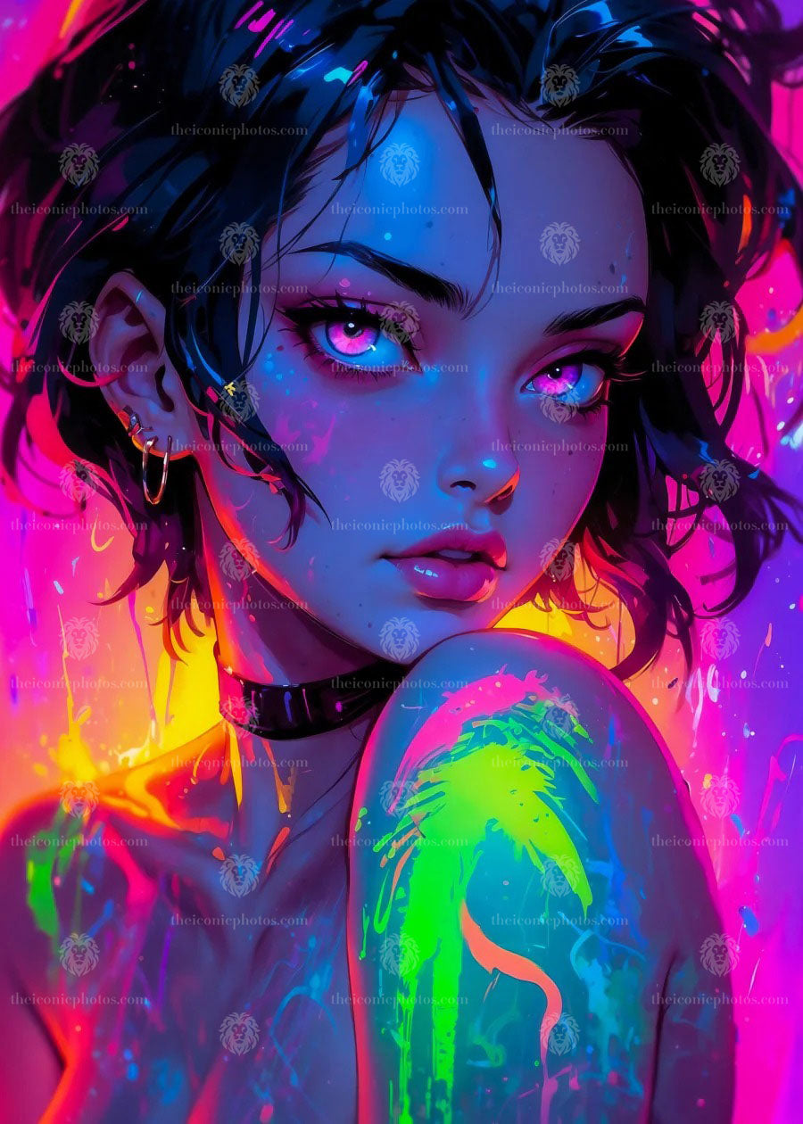 Neon cyberpunk anime girl canvas wall art with futuristic city glow aesthetic decor
