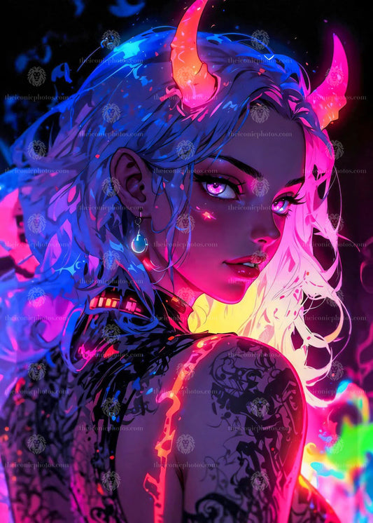 Neon demon girl anime canvas wall art with dark cyber fantasy aesthetic decor