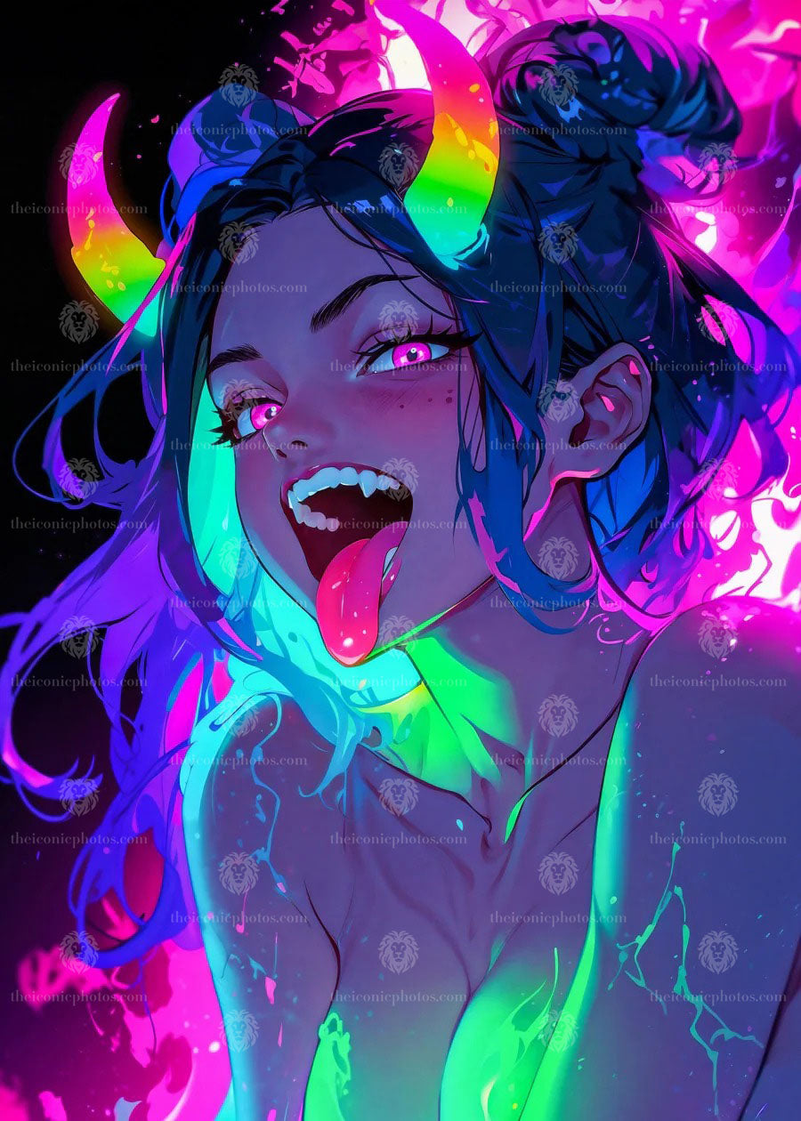 Neon horned girl anime canvas wall art with cyber fantasy dark aesthetic decor